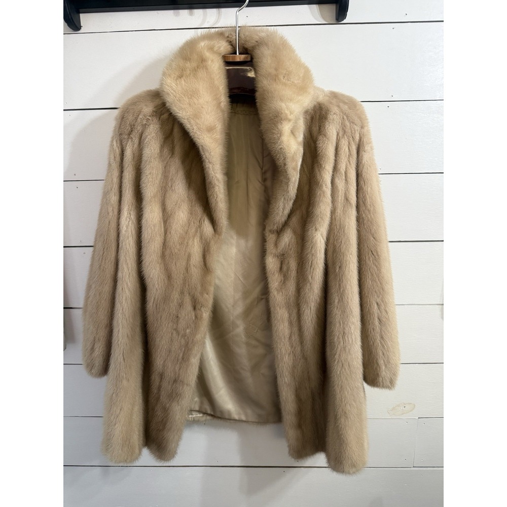 VTG Norwegian Tan Mink Car Jacket Rolled Collar Fur Coat Sz Medium Large Pockets